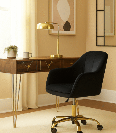 Monroe Velvet & Gold Legs Desk Chair. Velvet office chair. Gold base desk chair. Modern swivel chair. Adjustable home office seating. Luxury workspace chair. Ergonomic design. Grey Desk Chair. Dark grey desk chair. Black desk chair. Pink desk chair. Office. Desk.