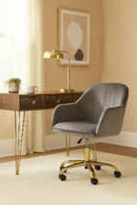 Monroe Velvet & Gold Legs Desk Chair. Velvet office chair. Gold base desk chair. Modern swivel chair. Adjustable home office seating. Luxury workspace chair. Ergonomic design. Grey Desk Chair. Dark grey desk chair. Black desk chair. Pink desk chair. Office. Desk.