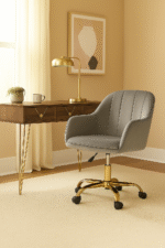 Monroe Velvet & Gold Legs Desk Chair. Velvet office chair. Gold base desk chair. Modern swivel chair. Adjustable home office seating. Luxury workspace chair. Ergonomic design. Grey Desk Chair. Dark grey desk chair. Black desk chair. Pink desk chair. Office. Desk.