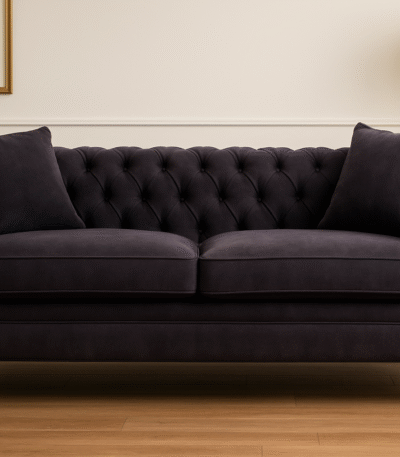 Naya 2 Seater Chesterfield Sofa. Dark grey velvet sofa. Velvet chesterfield sofa. 2 seater chesterfield. Classic velvet sofa. Button tufted sofa. Modern chesterfield couch. Traditional style sofa. Compact velvet sofa. Elegant grey sofa. Living room seating. Luxury velvet furniture. Grey chesterfield loveseat. Castor leg sofa. Plush velvet sofa.