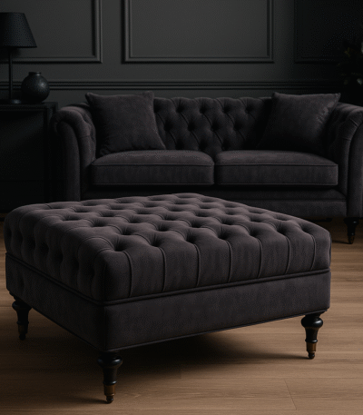 Naya Velvet Ottoman. Dark grey velvet ottoman. Velvet footstool. Tufted velvet ottoman. Chesterfield style ottoman. Luxury ottoman seat. Modern velvet furniture. Grey velvet footrest. Living room ottoman. Plush velvet accent. Castor wheel ottoman. Padded velvet stool. Elegant grey ottoman. Contemporary velvet décor.