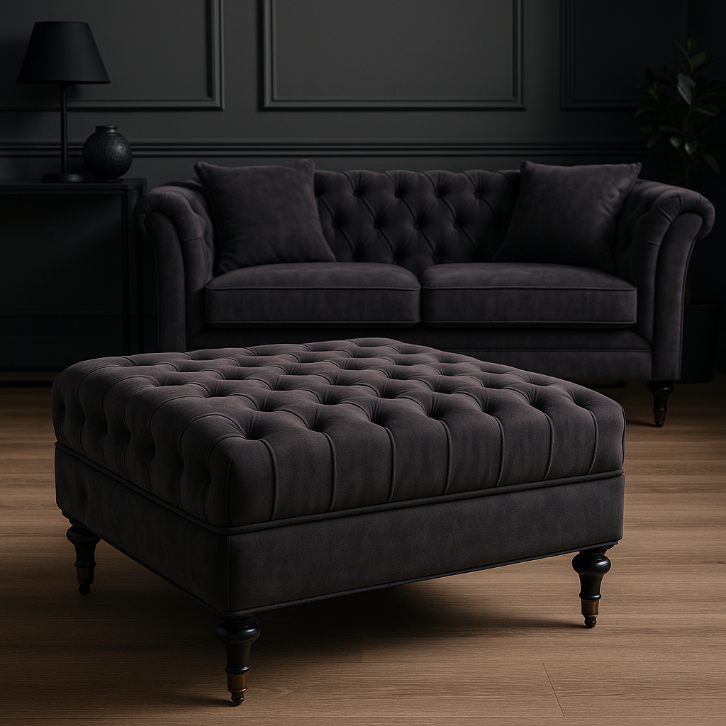 Naya Velvet Ottoman Naya Velvet Ottoman. Dark grey velvet ottoman. Velvet footstool. Tufted velvet ottoman. Chesterfield style ottoman. Luxury ottoman seat. Modern velvet furniture. Grey velvet footrest. Living room ottoman. Plush velvet accent. Castor wheel ottoman. Padded velvet stool. Elegant grey ottoman. Contemporary velvet décor.