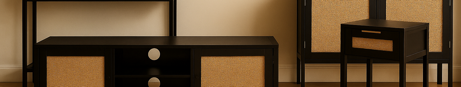 Nero Collection. black wood furniture. natural rattan accents. rattan cabinet. modern storage furniture. eco-friendly décor. contemporary shelving. black and rattan design. minimalist furniture. boho modern décor. Scandinavian inspired furniture. functional storage solutions. mixed material furniture. stylish home storage. organic texture décor. durable wood furniture. living room storage. statement cabinet. modern interior styling. timeless home décor.