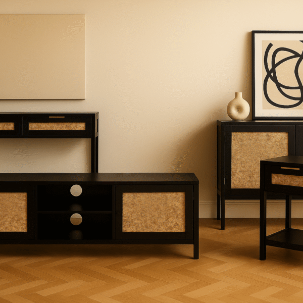 Nero Collection. black wood furniture. natural rattan accents. rattan cabinet. modern storage furniture. eco-friendly décor. contemporary shelving. black and rattan design. minimalist furniture. boho modern décor. Scandinavian inspired furniture. functional storage solutions. mixed material furniture. stylish home storage. organic texture décor. durable wood furniture. living room storage. statement cabinet. modern interior styling. timeless home décor.