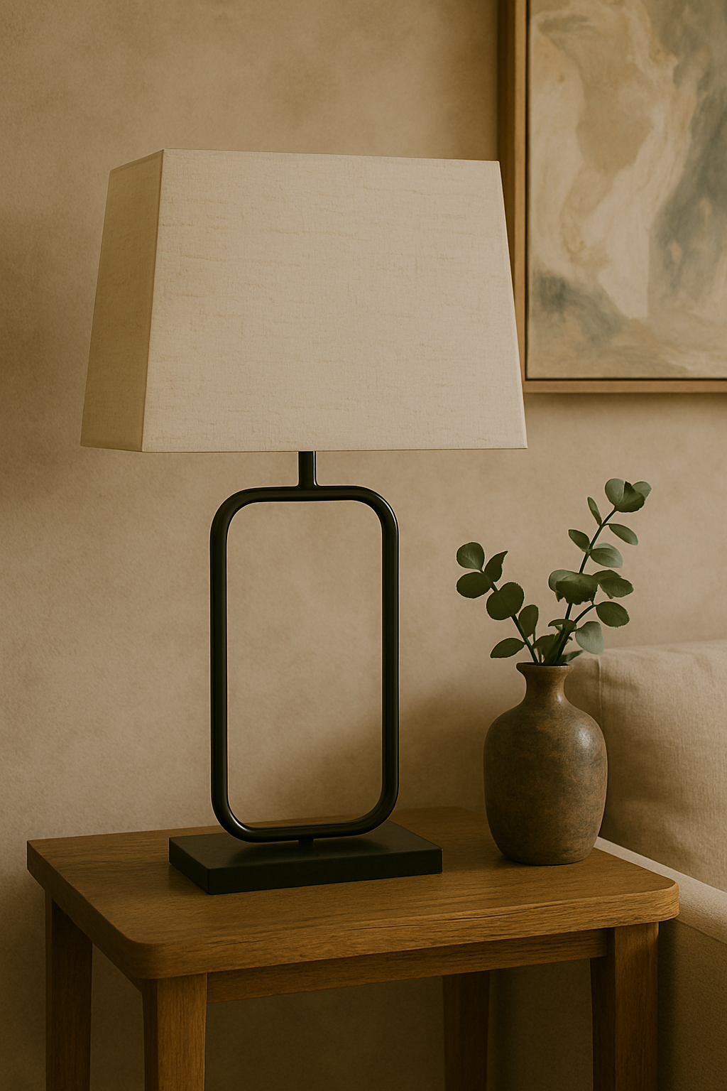 Nexa Table Lamp Nexa Table Lamp. Black metal lamp. Modern table lamp. Minimalist lighting. Natural fabric shade. Scandinavian lamp. Contemporary home décor. Rectangular frame lamp. Elegant lighting design.