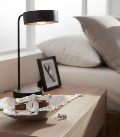 Nica Metallic Trinket Dish. Silver leaf trinket dish. Handcrafted aluminium décor. Maple leaf jewellery holder. Luxe home accessory. Modern silver décor. Elegant trinket bowl.