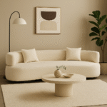 Noor 3 Seater Sofa. Curved silhouette sofa. Cream linen sofa. Modern three seater couch. Contemporary curved sofa. Neutral fabric seating. Elegant linen furniture. Sculptural modern sofa. Luxury living room furniture. Soft cream sofa. Minimalist home decor. Linen upholstered sofa. Comfortable modern seating. Refined three seater. Plush linen couch. Designer curved sofa. Stylish cream couch. Modern lounge furniture. Timeless linen sofa. Statement living room piece.