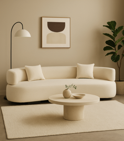 Noor 3 Seater Sofa. Curved silhouette sofa. Cream linen sofa. Modern three seater couch. Contemporary curved sofa. Neutral fabric seating. Elegant linen furniture. Sculptural modern sofa. Luxury living room furniture. Soft cream sofa. Minimalist home decor. Linen upholstered sofa. Comfortable modern seating. Refined three seater. Plush linen couch. Designer curved sofa. Stylish cream couch. Modern lounge furniture. Timeless linen sofa. Statement living room piece.