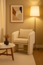 Oreno Boucle Armchair. Cream boucle chair. Black boucle chair. Modern curved armchair. Textured accent chair. Contemporary boucle seating. Upholstered lounge chair. Minimalist armchair. Sculptural modern chair. Comfortable designer chair. Boucle fabric furniture. Luxury modern furniture. Cosy cream chair. Soft textured armchair. Modern living room furniture. Plush cushioned chair. Stylish black armchair. Curved silhouette chair. Elegant home seating. Boutique interior furniture.