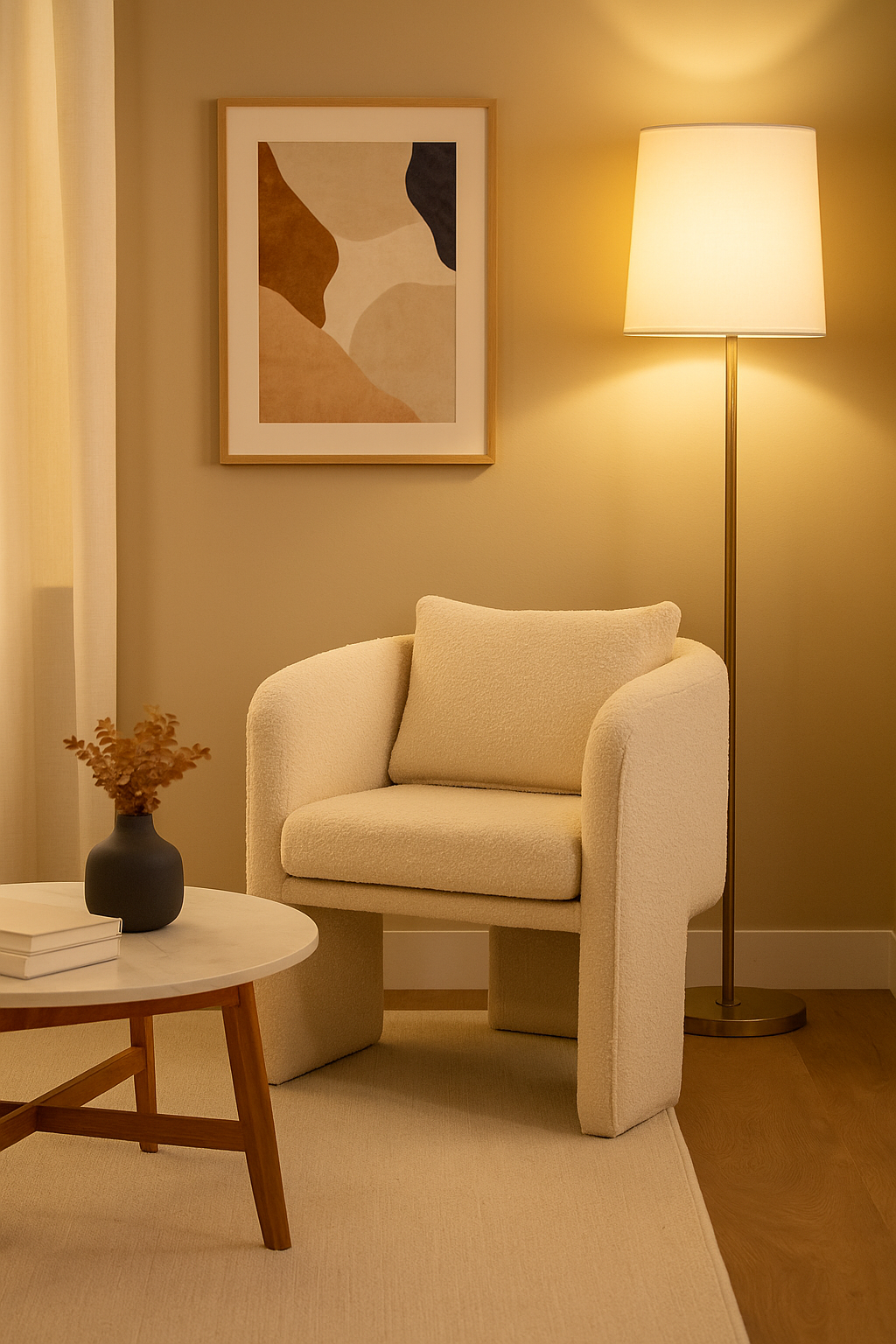 Oreno Cream Boucle Armchair Oreno Boucle Armchair. Cream boucle chair. Black boucle chair. Modern curved armchair. Textured accent chair. Contemporary boucle seating. Upholstered lounge chair. Minimalist armchair. Sculptural modern chair. Comfortable designer chair. Boucle fabric furniture. Luxury modern furniture. Cosy cream chair. Soft textured armchair. Modern living room furniture. Plush cushioned chair. Stylish black armchair. Curved silhouette chair. Elegant home seating. Boutique interior furniture.