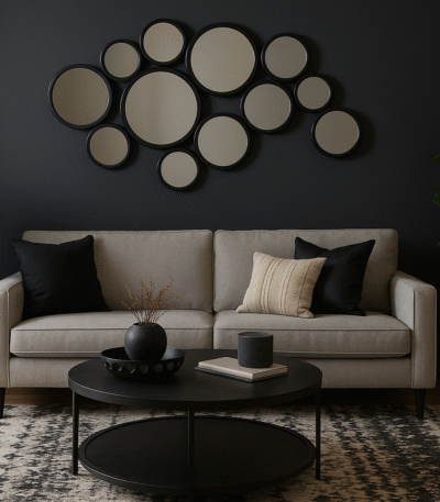 Orly Black Multi Circles Wall Mirror. Round geometric mirror. Black metal wall mirror. Modern decorative mirror. Multi-circle wall décor. Abstract mirror design. Contemporary wall art. Statement home décor.