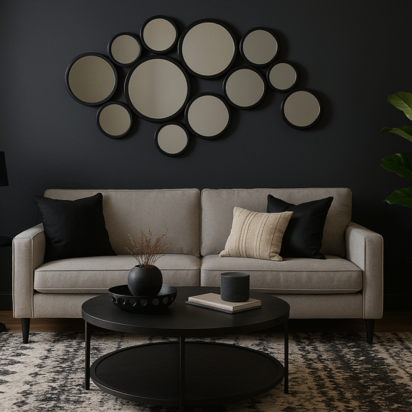 Orly Black Multi Circles Wall Mirror. Round geometric mirror. Black metal wall mirror. Modern decorative mirror. Multi-circle wall décor. Abstract mirror design. Contemporary wall art. Statement home décor.