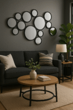 Orly Black Multi Circles Wall Mirror. Round geometric mirror. Black metal wall mirror. Modern decorative mirror. Multi-circle wall décor. Abstract mirror design. Contemporary wall art. Statement home décor.