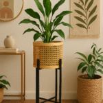 Orra Rattan Plant Pot with Stand. Natural rattan planter. Black metal stand. Handwoven plant pot. Boho home décor. Modern planter. Scandinavian style.