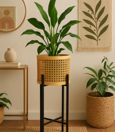 Orra Rattan Plant Pot with Stand. Natural rattan planter. Black metal stand. Handwoven plant pot. Boho home décor. Modern planter. Scandinavian style.