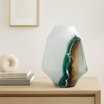 Osa Glass Vase with Marbled Design. Marbled glass vase. Multicoloured glass décor. Modern glass vase. Handcrafted decorative vase. Artistic table décor. Large and tall vase. Contemporary home accessory. Elegant glass centrepiece.