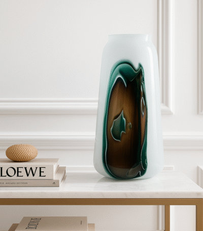 Osa Glass Vase with Marbled Design. Marbled glass vase. Multicoloured glass décor. Modern glass vase. Handcrafted decorative vase. Artistic table décor. Large and tall vase. Contemporary home accessory. Elegant glass centrepiece.