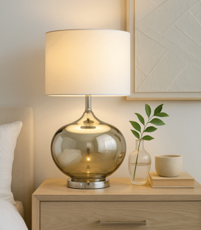 Perrin Ball Shaped Table Lamp. Glass base lamp. Metallic finish lamp. Chrome table lamp. Modern bedside lighting. Contemporary home décor. Elegant living room lamp. White fabric shade. Minimalist glass lighting. Designer accent lamp. Reflective glass lamp. Soft ambient light. Boutique style lamp. Classic meets modern lighting.