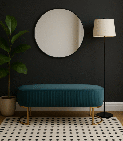 Pia Ottoman Bench. Green velvet ottoman. Gold legs bench. Modern velvet seating. Luxury ottoman bench. Pleated velvet bench. Bedroom ottoman. Entryway seating. Gold finish legs. Contemporary furniture. Plush foam bench. Luxe home decor. Velvet accent furniture. Statement seating. Modern living room bench. Arched metal legs. Elegant velvet furniture. Soft padded ottoman. Designer home bench. Boutique interior piece.