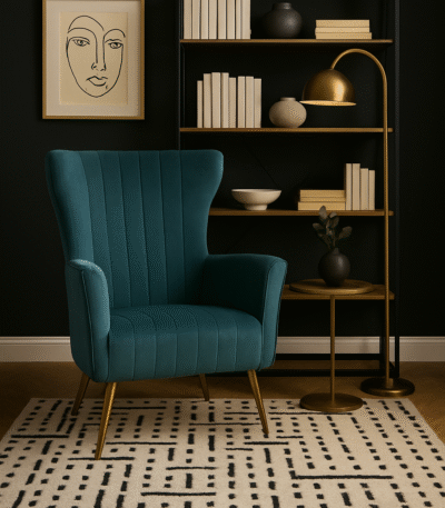 Pia Velvet Accent Chair. Green velvet chair. Gold legs accent chair. Modern velvet armchair. Channel tufted chair. Luxury accent seating. Contemporary velvet furniture. Stylish green chair. Winged backrest chair. Slanted leg design. Plush foam seat. Boutique home decor. Elegant living room chair. Modern bedroom seating. Velvet statement chair. Art deco inspired furniture. Gold finish accent chair. Designer velvet armchair. Soft padded chair. Modern home furniture.