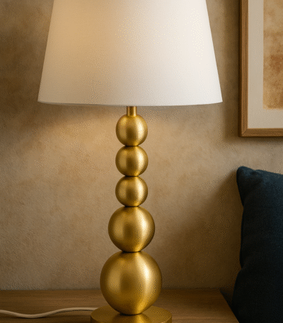 Rae Stacked Table Lamp. Brass table lamp. Orb base lamp. Modern lighting. Luxe home décor. Boutique-style lamp. White linen shade. Contemporary bedside light. Sculptural design lamp. Gold Table Lamp.