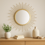 Raku Gold Sunburst Wall Mirror. Gold wall mirror. Sunburst mirror. Round metal mirror. Luxury wall décor. Statement wall art. Radiant gold frame. Modern classic mirror. Sculptural décor accent.