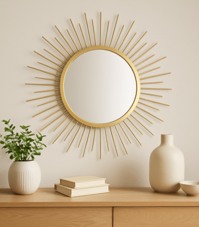 Raku Gold Sunburst Wall Mirror. Gold wall mirror. Sunburst mirror. Round metal mirror. Luxury wall décor. Statement wall art. Radiant gold frame. Modern classic mirror. Sculptural décor accent.
