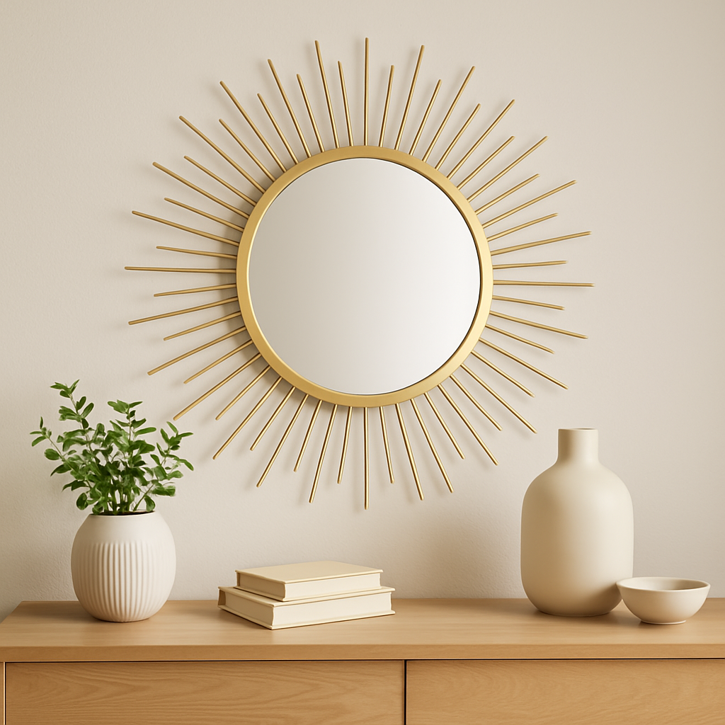 Raku Gold Sunburst Wall Mirror Raku Gold Sunburst Wall Mirror. Gold wall mirror. Sunburst mirror. Round metal mirror. Luxury wall décor. Statement wall art. Radiant gold frame. Modern classic mirror. Sculptural décor accent.