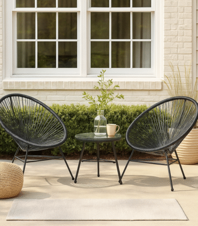Raven Rattan 3 Piece Patio Set. Modern patio furniture. Rattan outdoor set. Black rattan chairs. Weather-resistant patio set. Contemporary garden furniture. Steel frame outdoor set. Balcony furniture. Outdoor seating set.