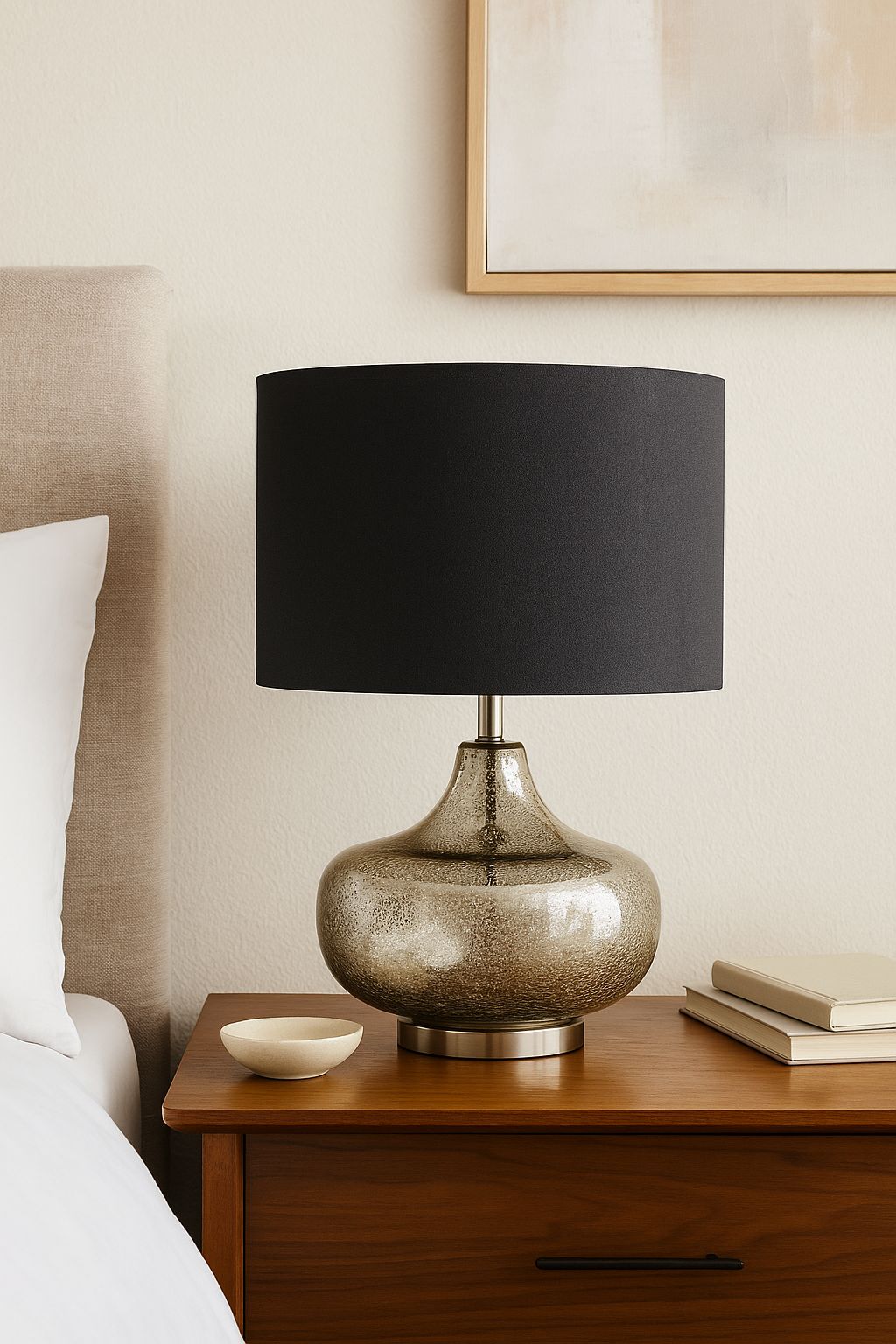 Reign Silver Table Lamp Reign Silver Table Lamp. Silver glass lamp. Black linen shade lamp. Modern table lamp. Metallic home décor. Contemporary lighting. Elegant bedside lamp. Luxe accent lighting.