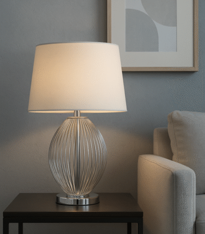 Rendell Wireframe Table Lamp. Chrome finish lamp. Modern wireframe lighting. Linen shade lamp. Contemporary table lamp. Elegant home lighting. Metal wire body lamp. Bedroom bedside lamp. Living room lighting. Office desk lamp. Minimalist home décor. Polished chrome lamp. Modern interior lighting. Ambient table lamp.