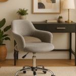 Renin Desk Chair with Curved Back. Grey velvet office chair. Ergonomic swivel desk chair. Chrome base office chair. Adjustable home office seating. Modern velvet desk chair. Comfortable office chair with wheels.