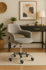 Renin Desk Chair with Curved Back. Grey velvet office chair. Ergonomic swivel desk chair. Chrome base office chair. Adjustable home office seating. Modern velvet desk chair. Comfortable office chair with wheels.