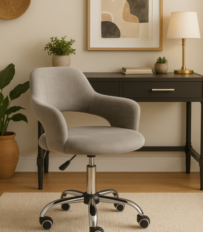 Renin Desk Chair with Curved Back. Grey velvet office chair. Ergonomic swivel desk chair. Chrome base office chair. Adjustable home office seating. Modern velvet desk chair. Comfortable office chair with wheels.