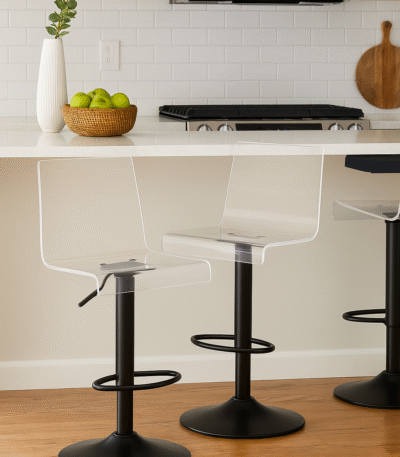 Renn Acrylic Bar Stool. Modern bar stool. Clear acrylic stool. Transparent kitchen seating. Black metal bar stool. Contemporary home bar furniture. Minimalist bar seating. Durable acrylic furniture.