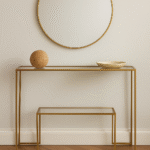 Renor Glass & Gold Console Table. Gold console table. Modern glass console. Slim metal frame table. Tempered glass furniture. Minimalist hallway table. Contemporary home décor.