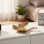 Ressa Leaf Trinket Dish. Gold aluminium décor. Gingko leaf dish. Luxe jewellery holder. Handcrafted home accessory. Nature-inspired décor. Elegant trinket bowl.