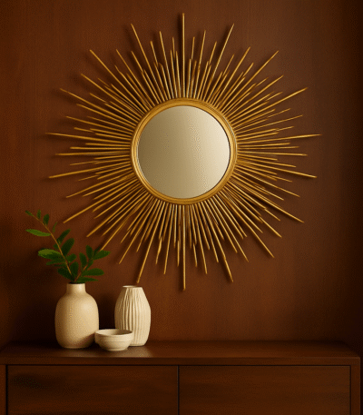 Rina Asymmetric Gold Wall Mirror. Gold wall mirror. Asymmetric frame mirror. Modern wall décor. Statement gold mirror. Round decorative mirror. Sculptural wall art. Metallic home décor. Luxe accent piece.