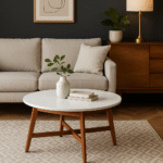 Risa Marble Coffee Table. Marble and acacia coffee table. Round marble top table. Sustainable wooden furniture. Modern living room table. Contemporary marble table. Eco-friendly home décor. Luxury wooden coffee table. Marble and wood design. Durable acacia legs. Minimalist furniture. Elegant round table. Scandinavian coffee table. Boutique home accent. White marble furniture. Modern natural wood table. Timeless marble design. Sustainable home style. Statement coffee table. Organic modern interior.