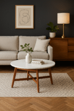 Risa Marble Coffee Table. Marble and acacia coffee table. Round marble top table. Sustainable wooden furniture. Modern living room table. Contemporary marble table. Eco-friendly home décor. Luxury wooden coffee table. Marble and wood design. Durable acacia legs. Minimalist furniture. Elegant round table. Scandinavian coffee table. Boutique home accent. White marble furniture. Modern natural wood table. Timeless marble design. Sustainable home style. Statement coffee table. Organic modern interior.