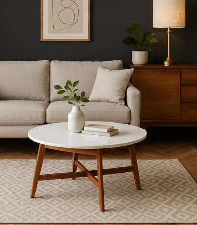 Risa Marble Coffee Table. Marble and acacia coffee table. Round marble top table. Sustainable wooden furniture. Modern living room table. Contemporary marble table. Eco-friendly home décor. Luxury wooden coffee table. Marble and wood design. Durable acacia legs. Minimalist furniture. Elegant round table. Scandinavian coffee table. Boutique home accent. White marble furniture. Modern natural wood table. Timeless marble design. Sustainable home style. Statement coffee table. Organic modern interior.