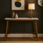 Risa Marble Console Table. Marble and wood console. Acacia wood console table. White marble top furniture. Modern hallway table. Sustainable wood furniture. Luxury console table. Contemporary marble table. Modern entryway furniture. Durable acacia base. Minimalist console design. Elegant hallway decor. Rectangular console table. Natural wood grain furniture. Marble and acacia design. Eco-friendly furniture. Modern living room table. Stylish display console. Marble top side table. Boutique home accent.