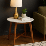 Risa Marble Side Table. Marble and acacia side table. Round marble top table. Sustainable wooden furniture. Modern side table. Small round table. Luxury accent table. White marble furniture. Contemporary wood table. Eco-friendly home decor. Durable acacia base. Minimalist living room table. Stylish bedside table. Modern marble accent. Boutique home accent. Natural wood grain furniture. Elegant small table. Scandinavian side table. Marble and wood design. Timeless interior piece.