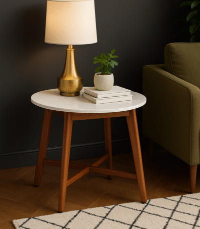 Risa Marble Side Table. Marble and acacia side table. Round marble top table. Sustainable wooden furniture. Modern side table. Small round table. Luxury accent table. White marble furniture. Contemporary wood table. Eco-friendly home decor. Durable acacia base. Minimalist living room table. Stylish bedside table. Modern marble accent. Boutique home accent. Natural wood grain furniture. Elegant small table. Scandinavian side table. Marble and wood design. Timeless interior piece.