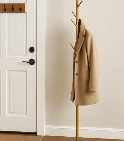 Rove Marble Base Coat Stand. Modern coat stand. Gold metal coat rack. Marble base stand. Minimalist hallway furniture. Luxury coat hanger. Contemporary home décor. Entryway organiser.