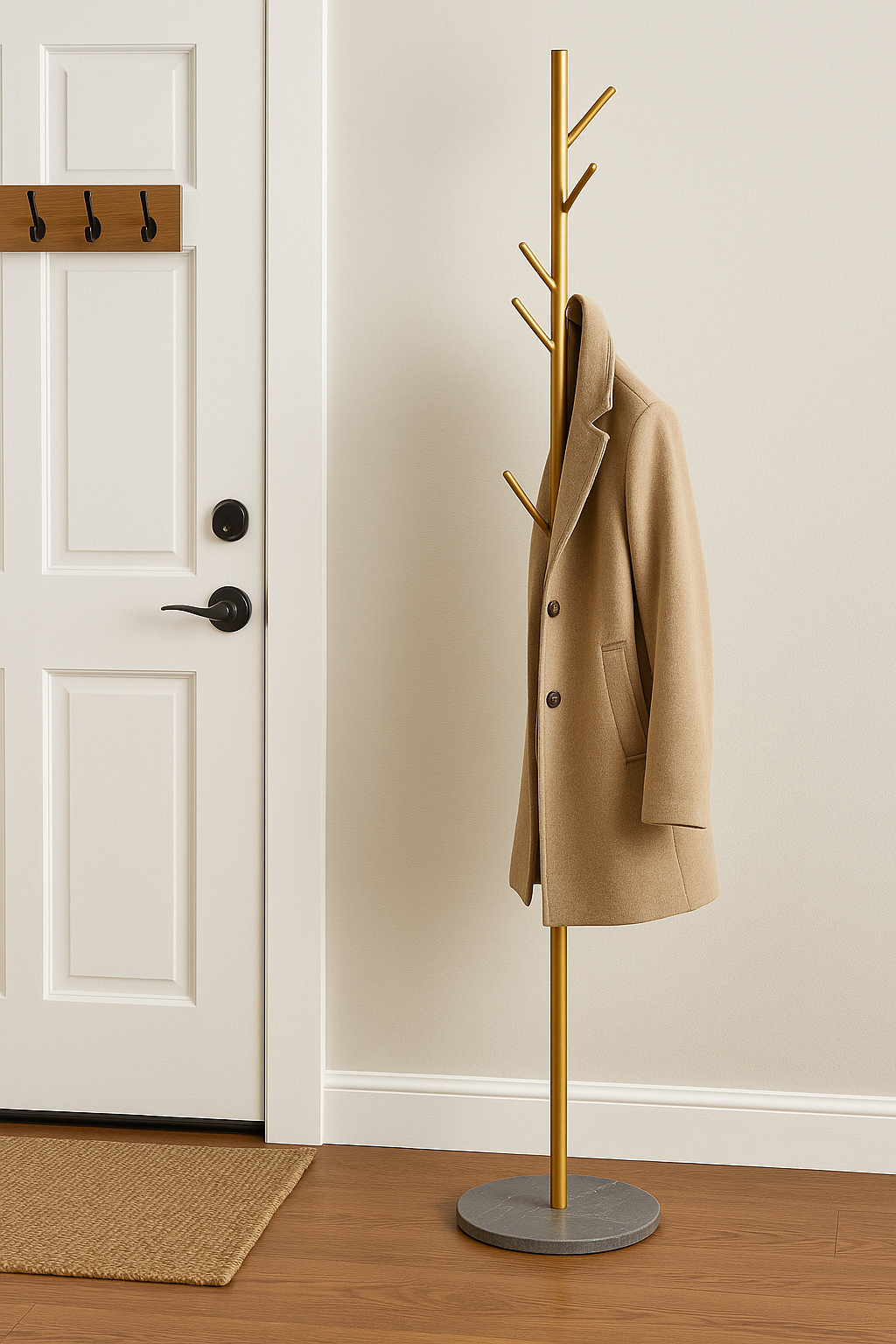 Rove Marble Base Coat Stand Rove Marble Base Coat Stand. Modern coat stand. Gold metal coat rack. Marble base stand. Minimalist hallway furniture. Luxury coat hanger. Contemporary home décor. Entryway organiser.