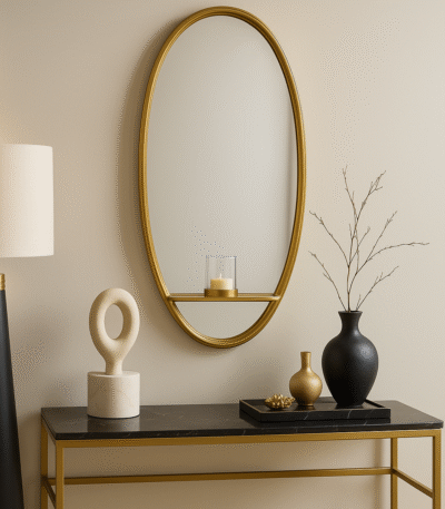 Rowen Oval Wall Mirror. Oval wall mirror. Gold wall mirror. Black wall mirror. Iron frame mirror. Mirror with shelf. Modern minimalist décor. Elegant wall mirror. Contemporary home accessory.