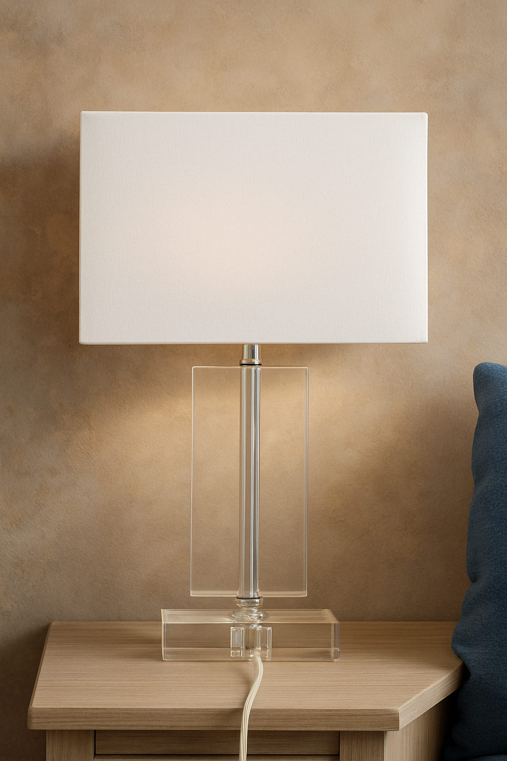 Rue Rectangular Table Lamp Rue Rectangular Table Lamp. Crystal table lamp. Chrome finish lamp. Rectangular lamp base. Modern lighting. Luxury home décor. Elegant bedside lamp. Contemporary glass lamp. White fabric shade.