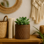 Sable Textured Plant Pot. Brown planter. Fibreglass plant pot. Hand-painted geometric design. Modern plant pot. Abstract pattern planter. Contemporary home décor. Durable indoor planter. Artistic textured pot. Brown plant pot.