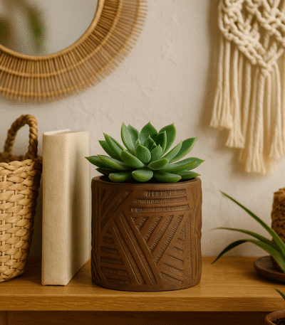 Sable Textured Plant Pot. Brown planter. Fibreglass plant pot. Hand-painted geometric design. Modern plant pot. Abstract pattern planter. Contemporary home décor. Durable indoor planter. Artistic textured pot. Brown plant pot.